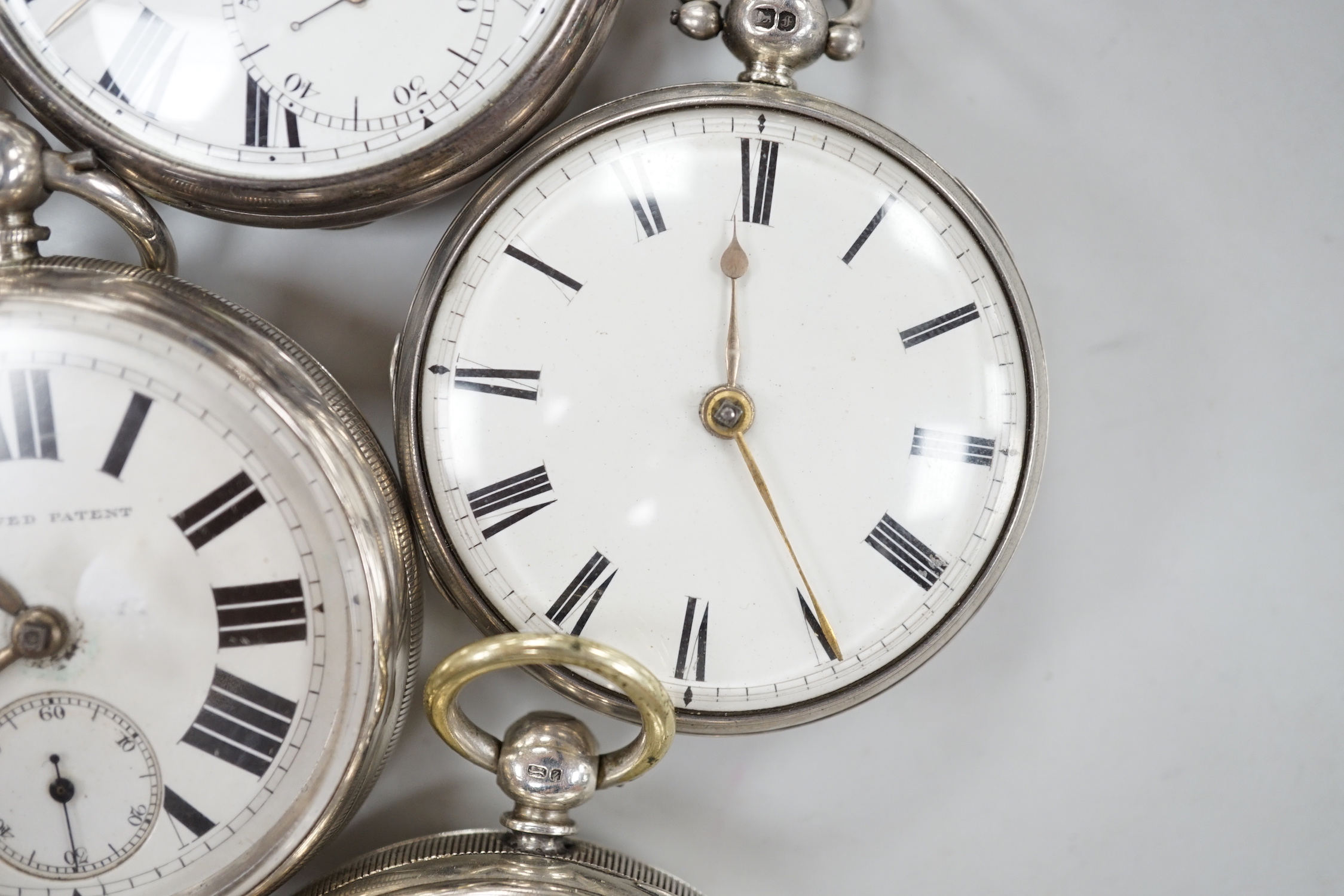 Ten assorted silver or white metal pocket watches including W. Turner and Improved Patent(2).